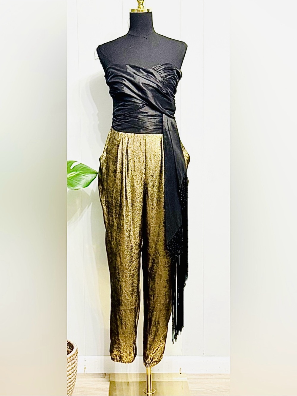 NWOT Versatile Black Strapless Top with Metallic Gold High-Waist Trousers
